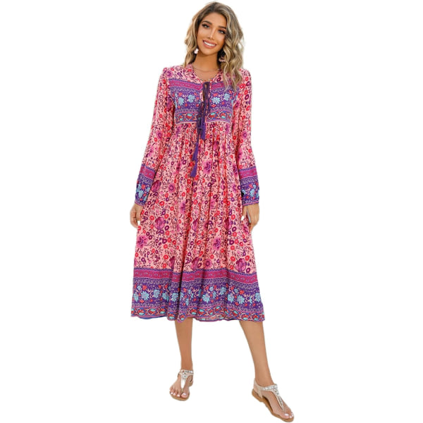 ivimos Dam långärmad blommig tryck retro V-ringad tofs bohemisk midiklänningar rosa medium