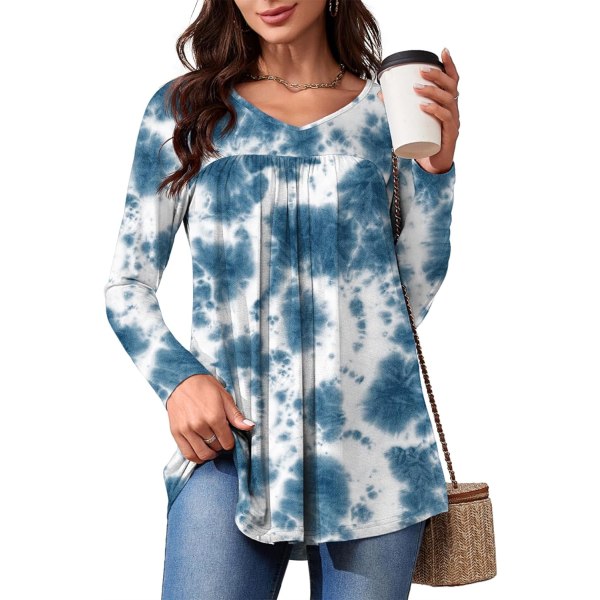 LASI Dam långärmad tunika toppar V-ringning casual dressy T-shirts lös passform att bära med leggings blusar höst toppar för kvinnor blå tie dye stor