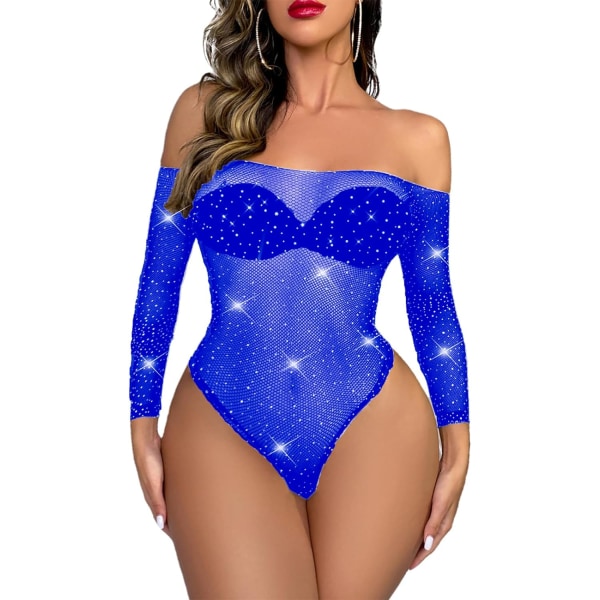 ute Dam Sexig Nätlingerie Teddy Mesh One Piece Babydoll Lingerie Sparkle Rhinestone Bodysuit Blå