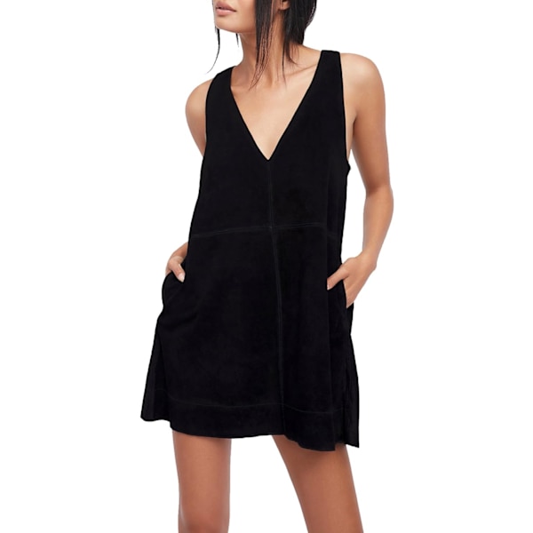 ivimos Dam Fall Faux Suede Vintage V-hals Ärmlös Overall Klänning med Ficka Svart Liten