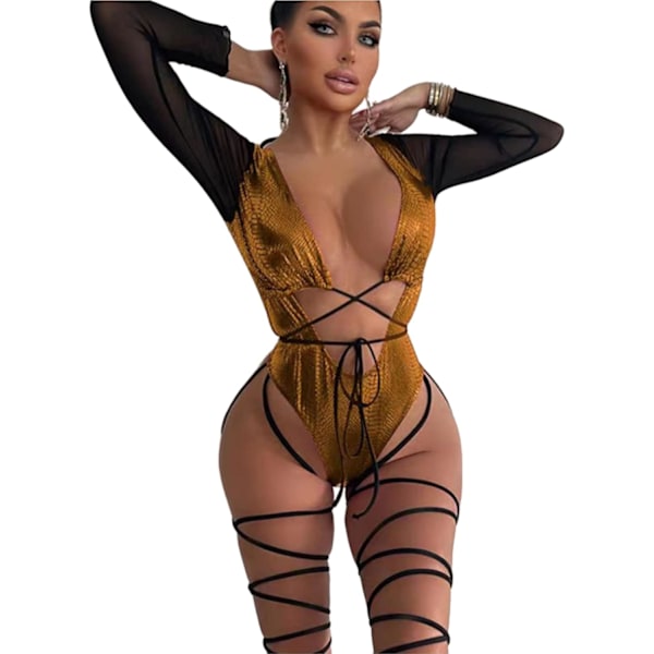Kvinnors Rave ormskin framspänne genomskinlig baddräkt utskuren body clubwear