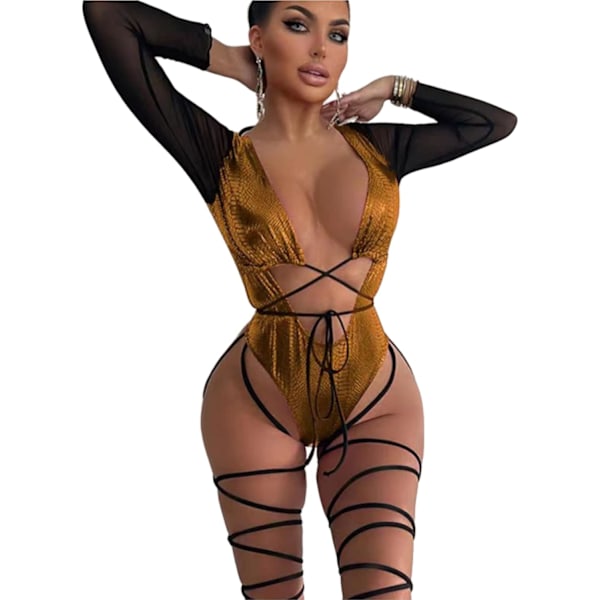 Kvinnors Rave Snakeskin Front Buckle Sheer Swimsuit Cut Out Bodysuit Clubwear