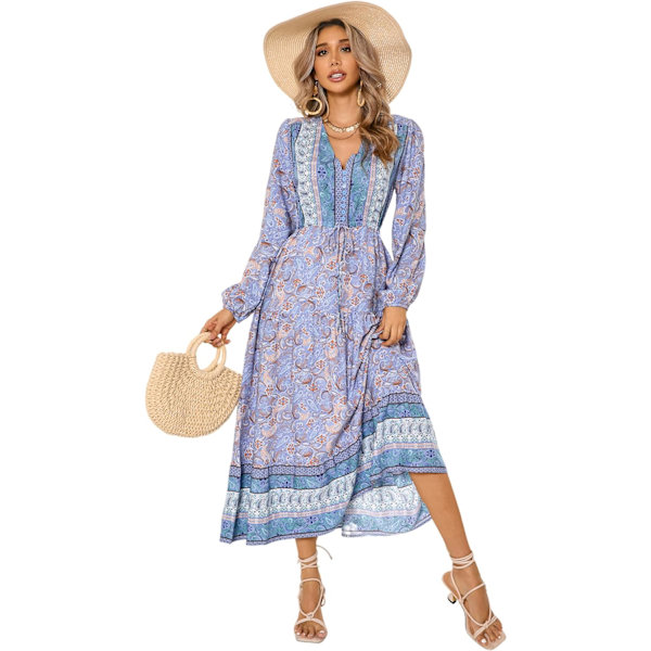 ivimos Dam långärmad bomull V-ringning knapp upp blommig tryck Boho flytande midiklänningar Paleblue X-Large