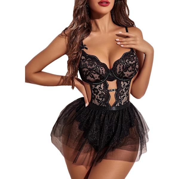 dlove Lingerie för kvinnor Spets Bodysuit med avtagbar mesh minikjol Push Up Teddy Lingerie Set Svart XX-Large