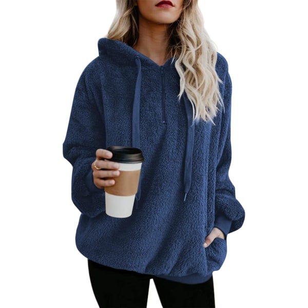 ekop Dam Sherpa Pullover Fuzzy Fleece Sweatshirt Oversized hoodie fickor Mörkblå XX-Large