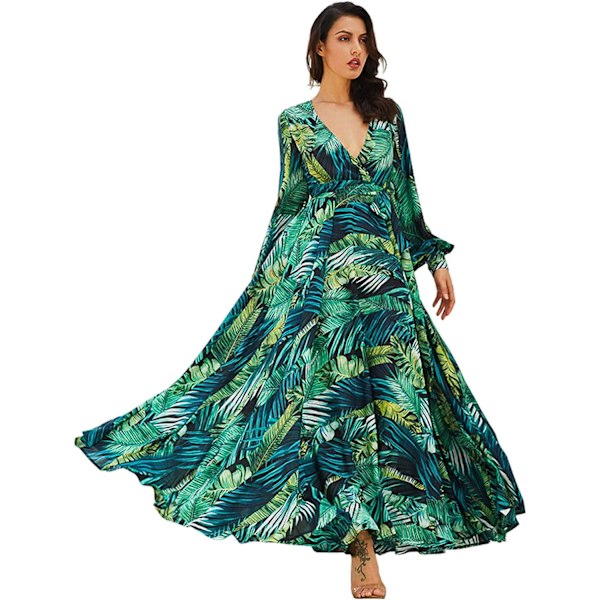ivimos Dam Chiffon Tryck V-hals Långärmad Slips Midja Casual Boho Maxi Klänningar Grön X-Large