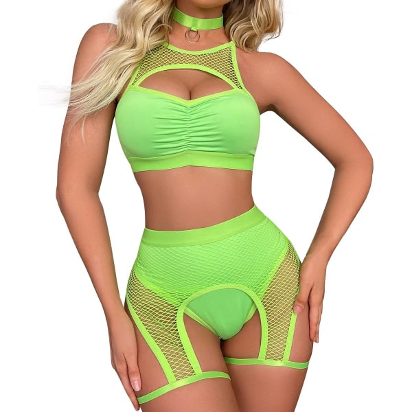 FIP Kvinnors Rave Outfits Cutout Fishnet Top Booty Shorts Botten Choker 3Pcs Babydoll Nattkläder Festival Lingerie Grön Stor