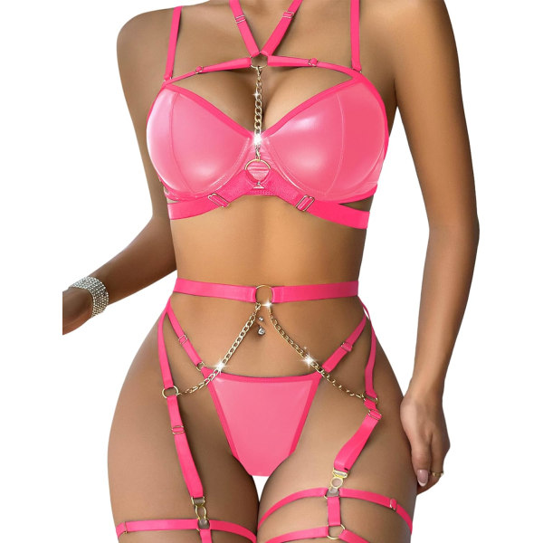 osy Kvinnor Sexig Strappy Push Up Strumpeband Bälte Underkläder Set Blommor Spets Skin 3 delar Satin neon rosa Medium