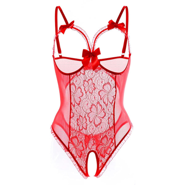 ureLove Dam Sexig Lingerie Öppen Kup Crotchless En-Delad Teddy Spets Nattlinne Röd Storlek (passar som US Medium)