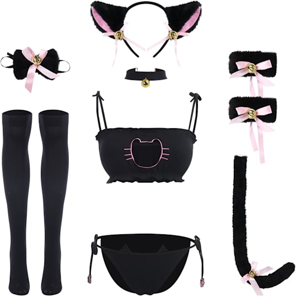 FIP Damkläder Söt Anime Kawaii Katt Kattunge Cosplay Strappy Lingerie Halter Micro BH Trosor Pannband Strumpeband Strumpor Set Svart-03 En Storlek