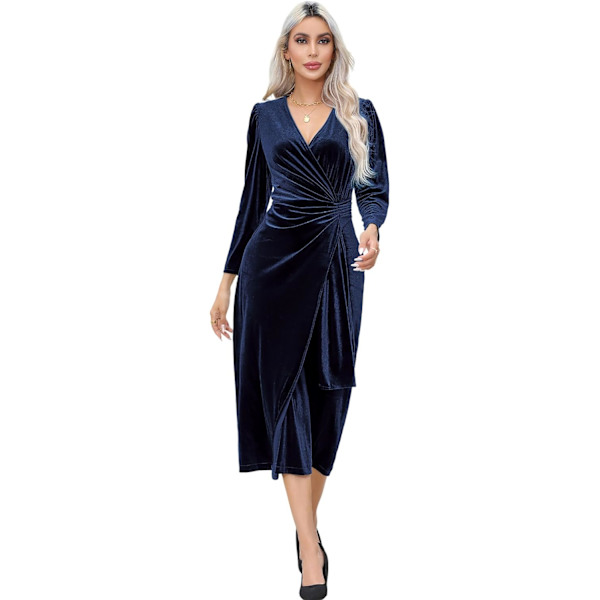 ivimos Dam Velvet V-ringad Wrap Klänning Höst Vinter Långärmad Midja Ruched Elastisk Elegant Midi Klänning Marinblå Stor
