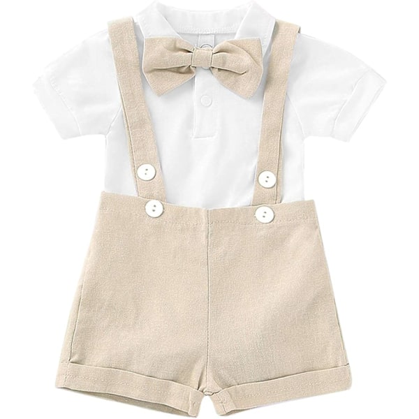 y Pojkar Outfits Gentleman Fluga Romper med Hängslen Byxor 3Pcs Overall Kläder Set Blå Beige 12-18 Månader