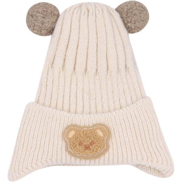 YC Baby Beanie Hat Söta Björnen Vinter Varma Mössa Stickad Fleece Fodrad Öronlappar Mössa med Pom Pom Beige