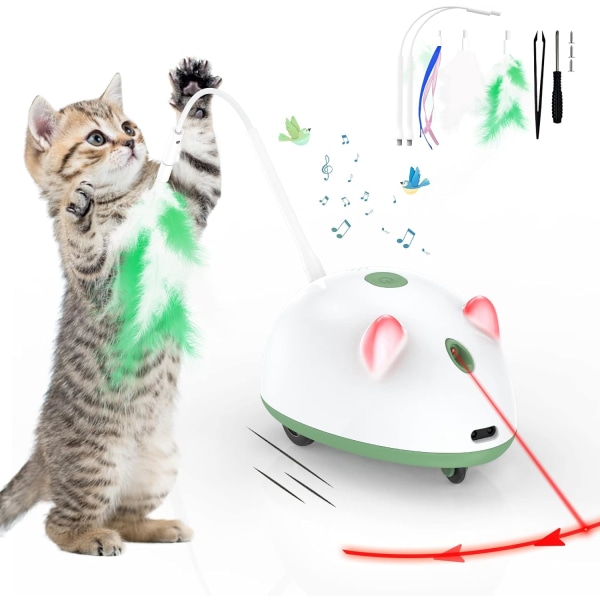 fey 4-i-1 automatiska kattmössleksaker, interaktiva kattleksaker för innekatter, elektriska kattleksaker med fjäder, LED-lampor, Bi Green