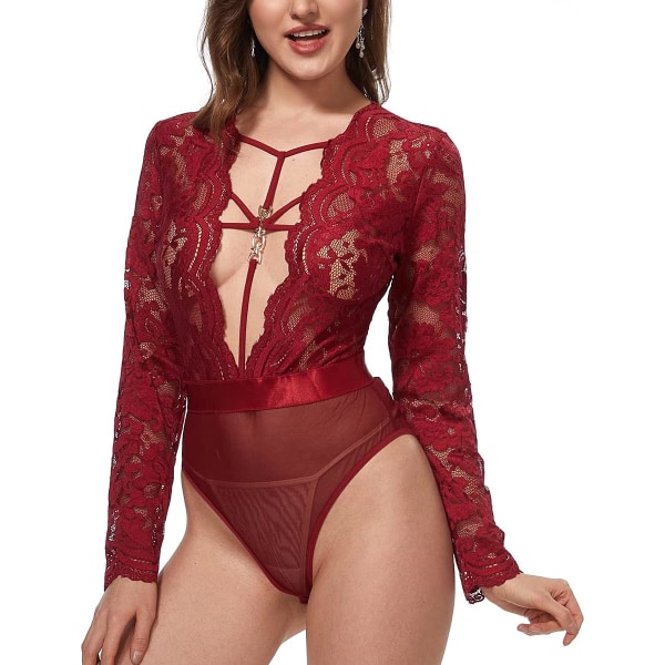 gerLove Plus Size Kvinnor Teddy och Robe Set Hög Hals Spets Sheer Mesh Sexig Underkläder Vinröd Liten-Medium