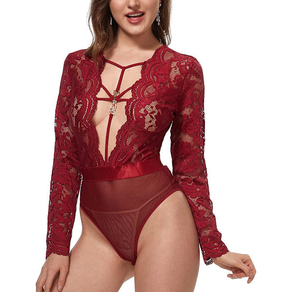 gerLove Plus Size Kvinnor Teddy och Robe Set Hög Hals Spets Sheer Mesh Sexig Underkläder Vinröd X-Large-XX-Large