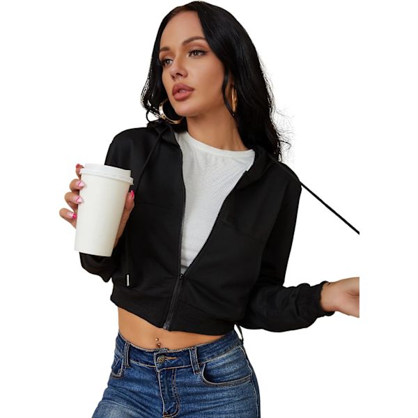 's Dragkedja upp Hoodies Klippt Cardigan Jacka Snörning Huvtröjor Casual Långärmad Topp… Svart Medium