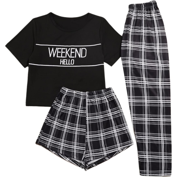 dusa Dam 3-delad rutig pyjamas med t-shirt och shorts, svart, stor