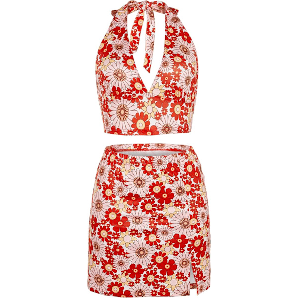 dusa Dam 2-delat set Blommig kort halterneck-topp och split bodycon-set Orange X-Small