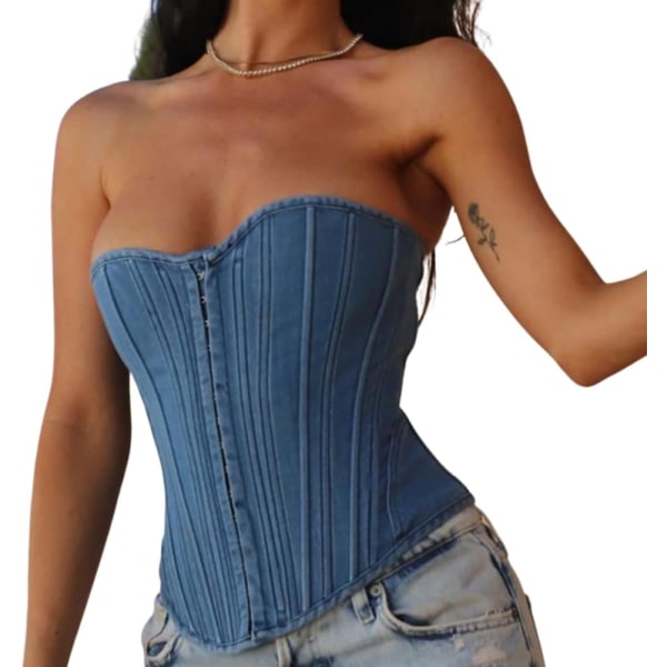 nage Denim Korsett Topp för Kvinnor, Sexig Ärmlös Slim Front Hook Midja Cincher Bustier Jean Korsett Toppar Blå Denim Korsett X-Large