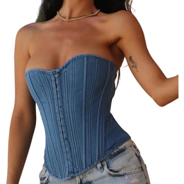 nage jeanskorsetttopp för kvinnor, sexig ärmlös smal frontkrok midja Cincher Bustier Jean korsetttopp blå jeans cors X-Large