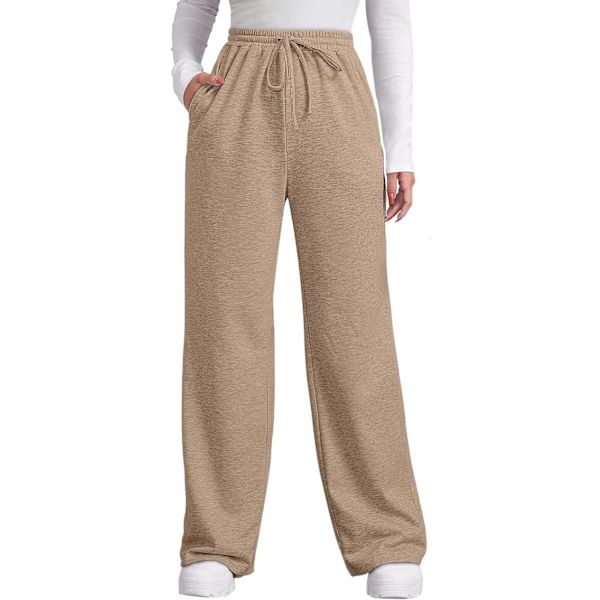 EFAN Dam höstbyxor med fickor vinter elastisk midja sweatpants vida ben dragsko byxor S-XXL Khaki Medium