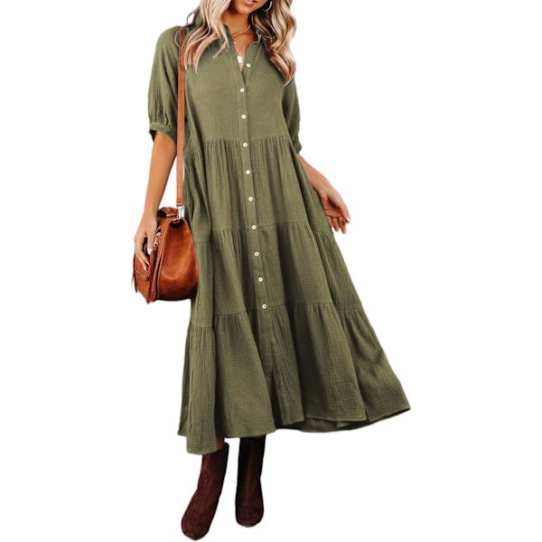 ivimos Dam Sommar Bomull Halv Ärmar Knapp Ned Casual Lös Slit Midi Klänning med Ficka Armygreen Liten