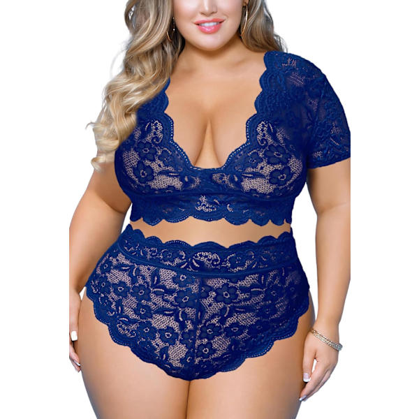 s Storlek 2-delat Lingerie Set för Kvinnor Sexig Djup V-ringning Allover Spets BH och Trosor Hög Midja Nattkläder Clubwear Marinblå X-Large