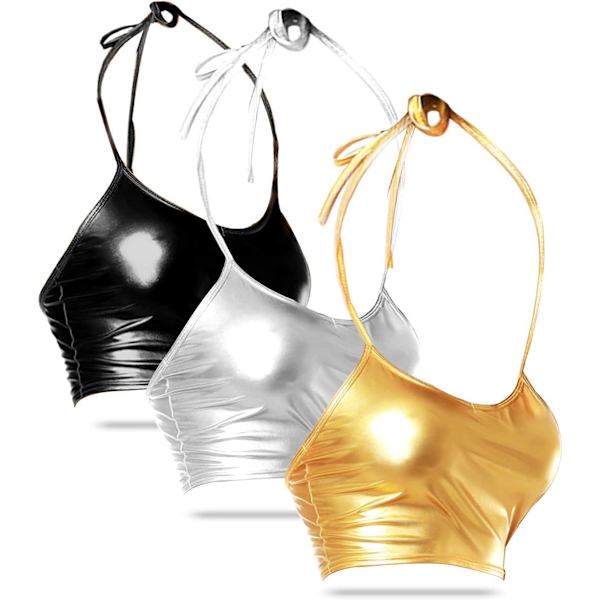 eusHot Dam Pu Metallic Läder Halterneck Bikini Tank Crop Top Väst BH Underkläder Lingerie Svart&guld&silv