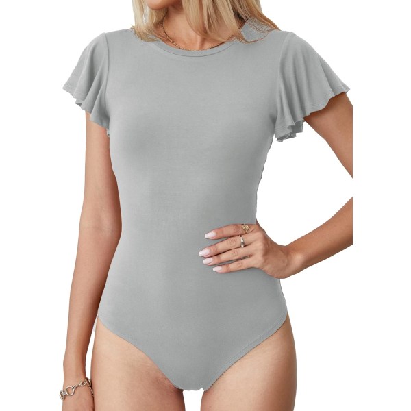LASI Dam Crew Neck Bodysuit Ruffle Korta Ärmar Slim Fit Casual Basic Stretchy Body suit Daglig Jumpsuit T-shirts 03 Ljusgrå Medium