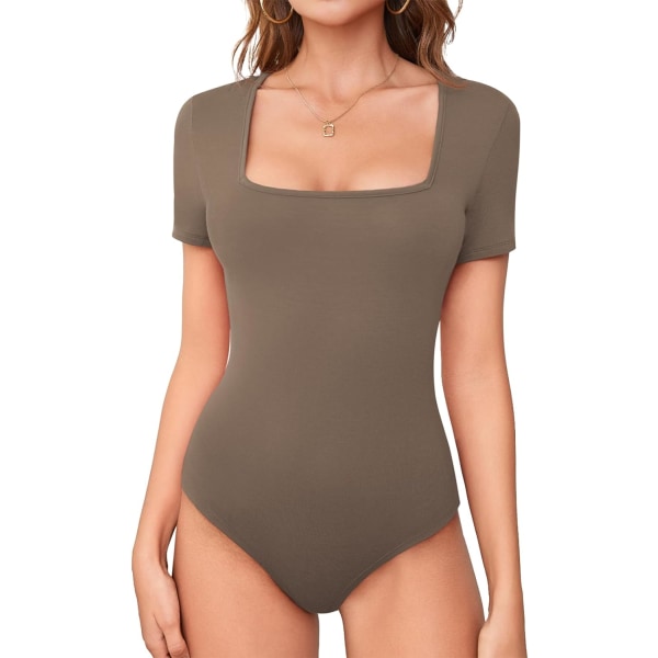 LASI Bodysuit med fyrkantig hals för damer, kort ärm Slim Fit Basic Stretchy Body suit Dubbelfodrad skjorta Tops Coffee Large