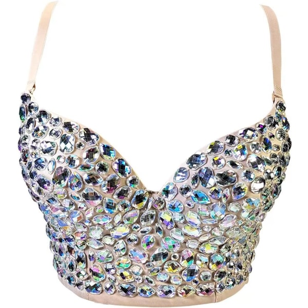NDEO Dam Bustier Crop Top Korsett Topp Push up Rhinestone Diamond BH Club Fest Väst med Avtagbara Remmar Flerfärgad Beig Medium