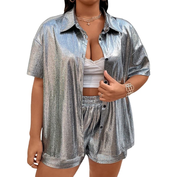 dusa Women's Plus Size 2-delad outfit Metallisk skjorta med knapp och korta set Silver 3X-Large Plus