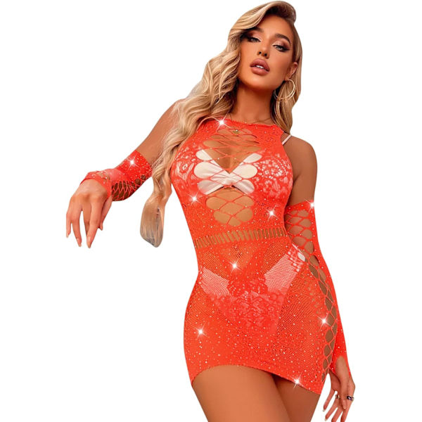 ayaneen Dam Fishnet Lingerie Mesh Chemise Babydoll Bodysuit Rhinestones Lace Smock Mini Klänning för Kvinnor Exotiska Set Orange En Storlek