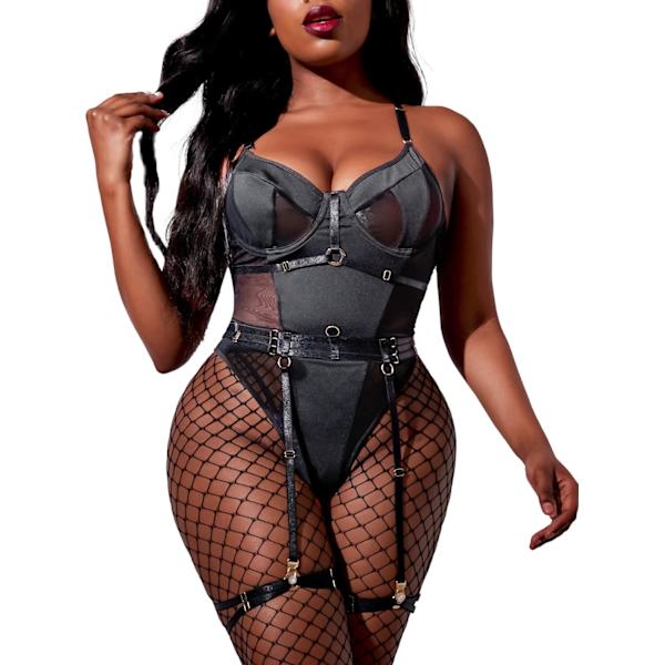 EEY Damunderkläder Set med Strumpeband 3 Delar Teddy Snap Gren Bodysuit Exotiska Underkläder Set Svart Medium