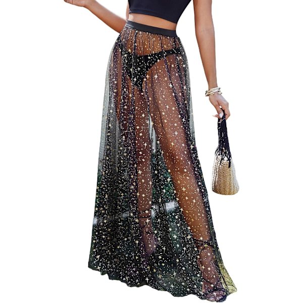 dusa Dam High Waist Sheer Mesh A Line Flowy Maxi Kjole Cover Up Star Print Blac X-Small