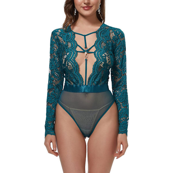 SER WISH Dam Spets Bodysuit Sexig Knäppning Gren Långärmad Djup V Teddy Lingerie Toppar Grön Medium-Large