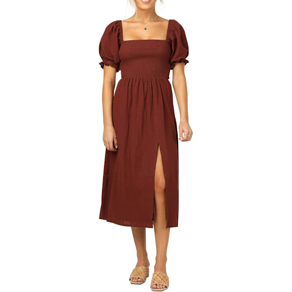 ivimos Sommarklänning för kvinnor Bomull Rutig Puffärmar Avslappnad Off-Shoulder Boho Sidoslitsad Midiklänning Roströd Liten