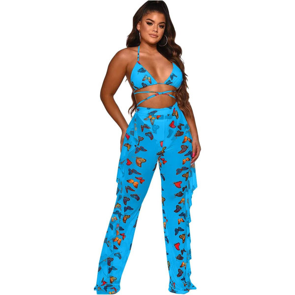 Beading Pearl See Through Sheer Mesh 2 Pieces Outfits Jumpsuits Crop Top och Hollow Out Ruffle Long Pants Butterfly Blue XX-Large