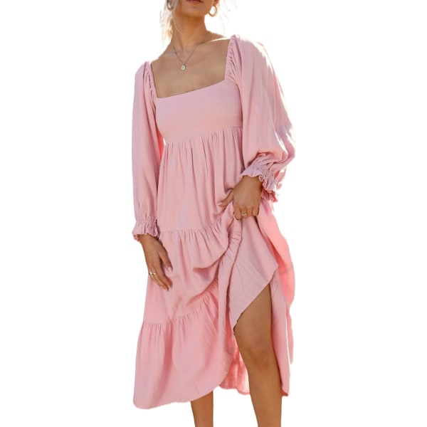 ivimos Dam Fall Bomull Lykta Långärmad Kvadrat Hals Casual Rygglös Boho Midi Klänning Rosa X-Large