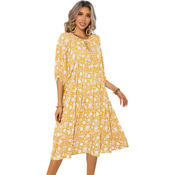 ivimos Dam Sommarklänning Casual Midi Klänning Lykta Ärm Knyt V-Hals Boho Blommig Tryck Lös Passform Flytande Långa Klänningar Gul Stor