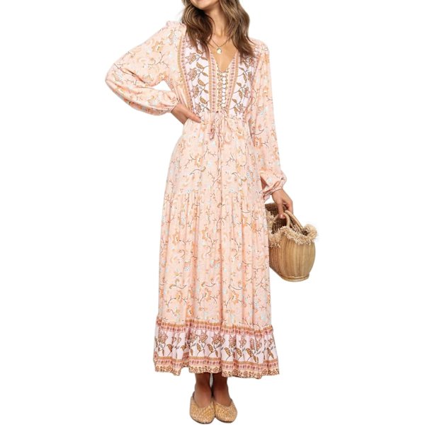 ivimos Dam långärmad bomull V-ringning knapp upp blommig tryck Boho flytande midiklänningar Persika Medium