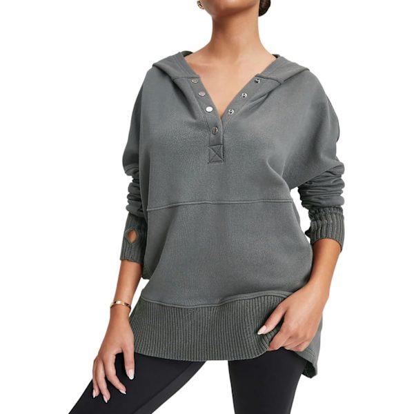 ivimos Dam Överdimensionerade Sweatshirts Höst Viktiga Hoodies Pullover Bomull Långärmad Knapp Upp Casual Toppar med Fickor Mörkgrå X-Large