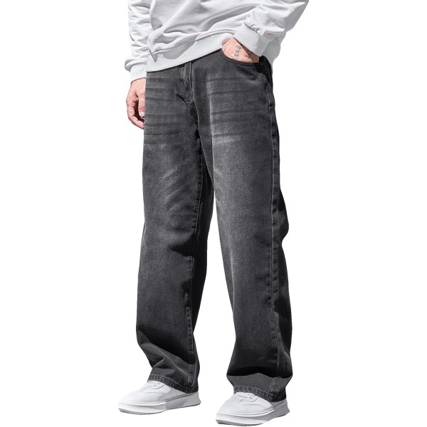 dusa lösa jeans med hög midja för män Baggy jeansbyxor med raka ben byxor mörkgrå liten