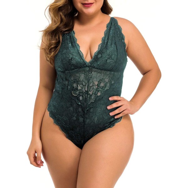 ALAKA Dam Plus Size Spets Bodysuit Teddy Lingerie En Delig Babydoll Clubwear S-XXXXL Grön 4X-Large