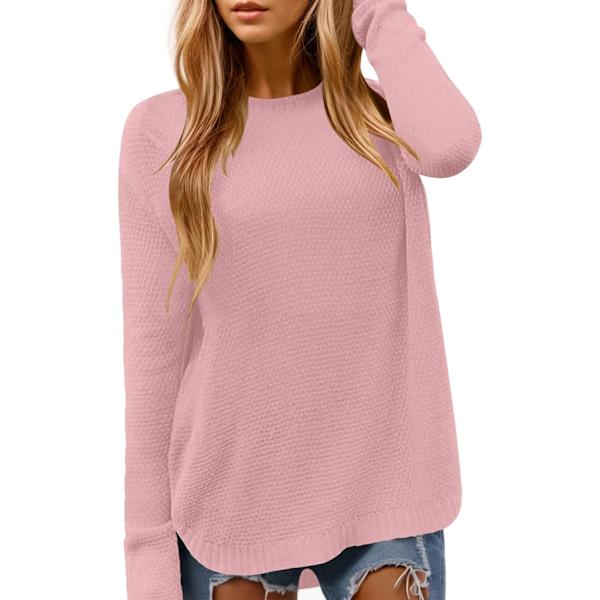 MOON Dam Crewneck Långärmad Stickad Tröja Lös Passform Mjuk Solid Pullover Rosa 02 Medium