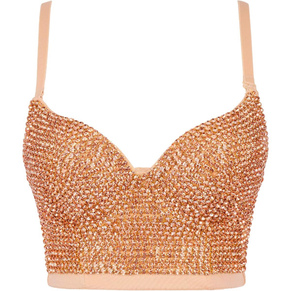 en's Bustier Crop Top Mesh Corset Top Push up Rhinestone Diamond Bra Club Party Vest #2 Beige Small