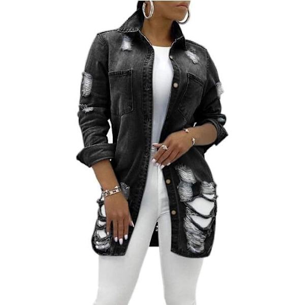 emuho Dam Classic Long Jean Jacket Plus Size Loose Long Sleeve Button Down Denim Jacket Trench Coat Svart X-Large