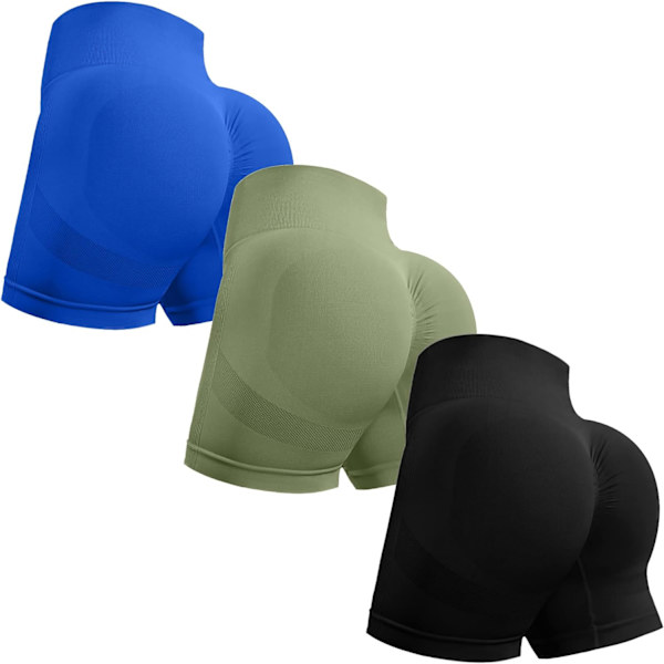 ORT 3-pack träningsshorts för kvinnor sömlösa Scrunch Butt Lifting High Waisted Yoga Gym Booty Running Short Pants Sapphire/Armygreen/Black Small