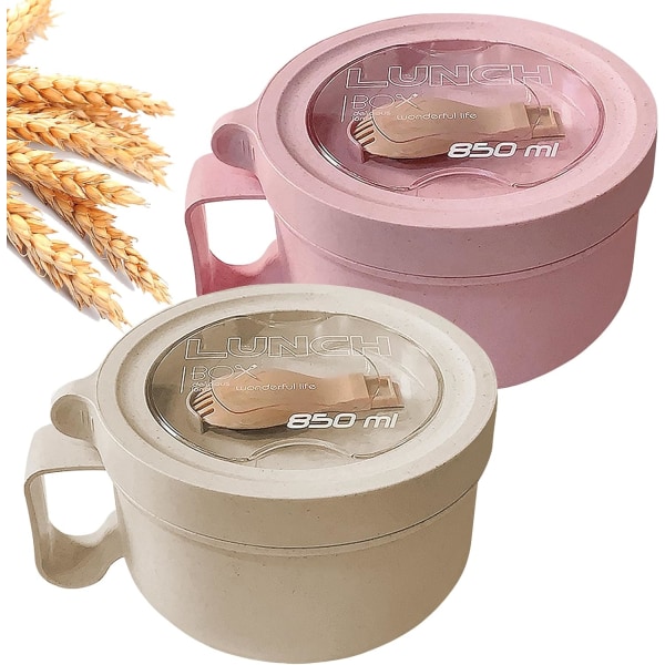 BOOX Wheat Straw Mikrovågsugn Ramen Bowl Set Nudelskålar med lock och sked, hopfällbara redskap och förbättrat greppvänligt De Beige+Pink
